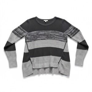 Eileen Fisher Organic Linen Striped Knit Sweater Grey Charcoal‎ L S4LGB-1